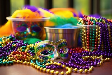 mardi gras beads and masks on a table - obrazy, fototapety, plakaty