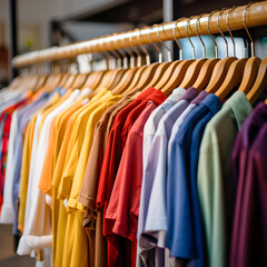 Fototapeta premium Colorful women's dresses on hangers in a retail shop. Fashion and shopping concept.