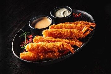 crispy shrimp tempura with garlic sauce on plate