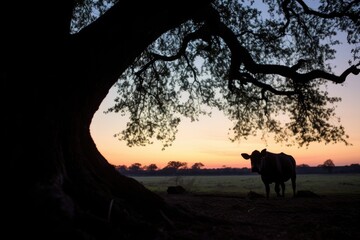 Fototapeta na wymiar silhouette of a pig under a tree at dusk