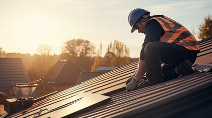 Roofer Construction worker install new roof
