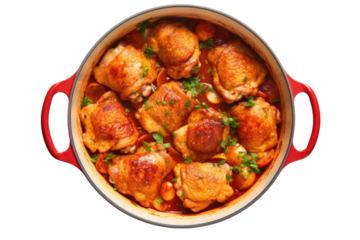  chicken thighs cooking inside red le creuset dutch oven. png