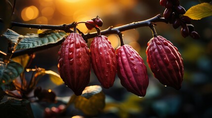 Beautiful ripe cocoa bean fruit on tree. Generative AI. - obrazy, fototapety, plakaty