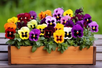 vibrant pansies arranged in a wooden box - obrazy, fototapety, plakaty