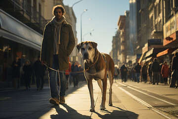 A man walking a dog down a city street. - obrazy, fototapety, plakaty