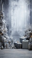 Christmas background in silver, gray tones. Silver-colored decorated Christmas tree with charming gifts.  Classic look. Great for Christmas, New Year backdrop, background, greeting card. Generative AI