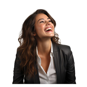 30 year old woman smiling at a joke, business attire isolated on transparent background