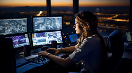 confident and pretty dispatcher works in the control tower and monitors the operation of the airport, in the evening, air traffic control