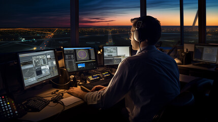confident dispatcher works in the control tower and monitors the operation of the airport, in the evening, air traffic control - obrazy, fototapety, plakaty