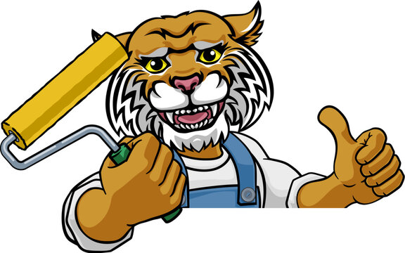 A wildcat painter decorator handyman cartoon construction man mascot character holding a paint roller tool