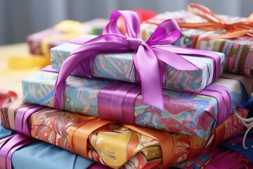 a pile of wrapped gifts topped with decorative ribbons
