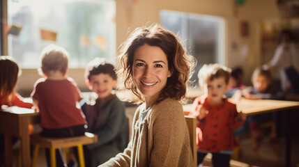 portrait of a kind female Montessori kindergarten teacher in a kindergarten with children, slight smile, candid - obrazy, fototapety, plakaty