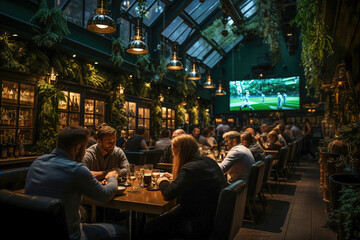 A group of friends sitting at a table in a bar and watching football on big screen.