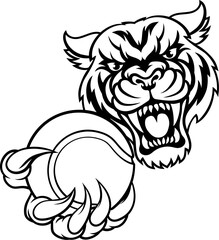 A tiger cat animal sports mascot holding tennis ball