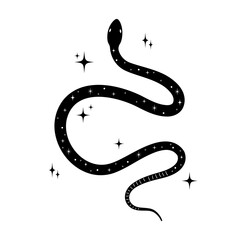 Abstract celestial snake tattoo. Black serpent silhouette with stars. Magic animal symbol. Esoteric, witchcraft design. Vector illustration