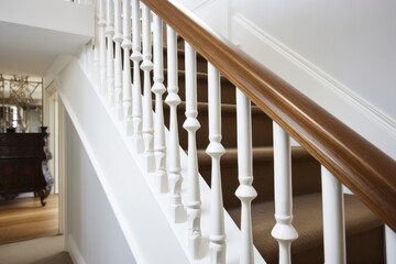 staircase with wooden treads and white balustrade - obrazy, fototapety, plakaty