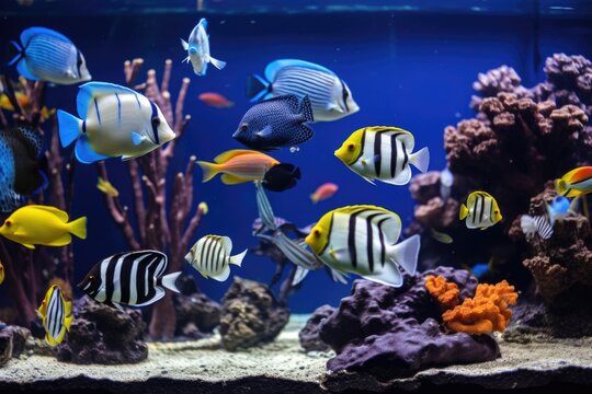 different types of exotic aquarium fish in separate tanks