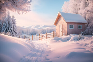 Wide angle enchanted and magic snow landscape with a pale pink and pale yellow sky and light blue snow, a little fence in front, some pine trees and in the far distance a few tiny sheds. Generative ai