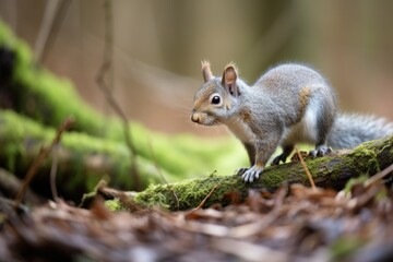 Naklejka premium grey squirrel foraging in a woodland area