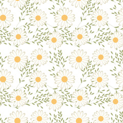 Obraz premium Seamless pattern, wild chamomile flowers and scattered leaves on a white background. Print, floral background, textile, wallpaper, vector