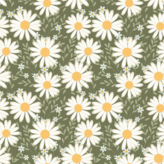 Seamless pattern, wild chamomile flowers and scattered leaves on a green background. Print, floral background, textile, wallpaper, vector