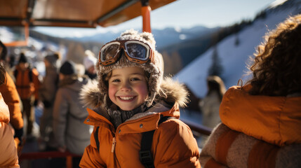 Smiling little boy on ski lift at winter in mountains. - obrazy, fototapety, plakaty