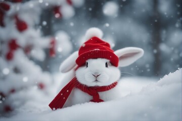 Naklejka na ściany i meble white fluffy bunny wearing a Christmas dress with red cap in a snow, blurry background with beautiful season.