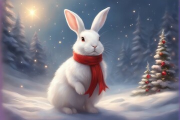 white fluffy bunny wearing a Christmas dress with red cap in a snow, blurry background with beautiful season.