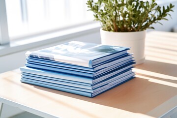 blue magazines on a white table under natural light