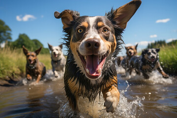 A group of dogs running through a water. - Powered by Adobe