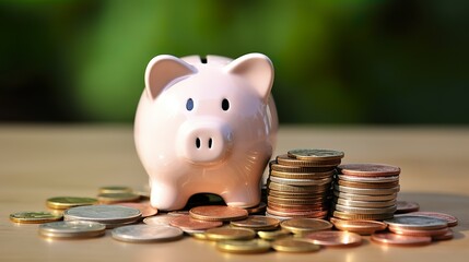 Piggy Bank with Coins - Savings and Financial Investment Concept on a Blurred Background - obrazy, fototapety, plakaty