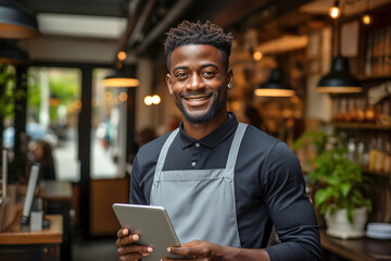 A man restaurant owner holding a tablet in front of restaurant. Small business concept. - obrazy, fototapety, plakaty