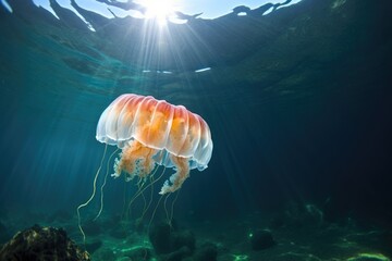 jellyfish floating in clear water, lit by sunlight
