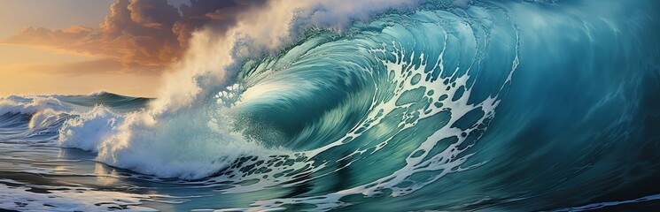 Big wave in the ocean. Raging sea, surfing wave. Landscape of a water whirlpool. Concept: Dangers on the water, powerful water energy