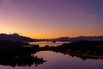 Scenic view of San Carlos de Bariloche, Nahuel Huapi Lake, Argentina after sunset.