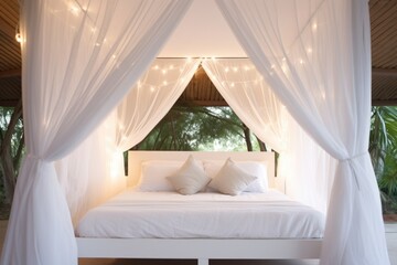 a well-lit canopy bed with white beddings