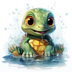 Adorable turtle sipping cool drinks, surrounded by water bubbles, in a playful digital art setting.