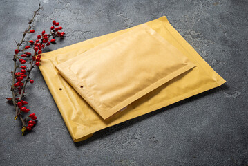 Brown bubble mail envelope, mailer, mock up on background
