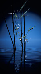 Bamboo stem and reflection in a lake of water