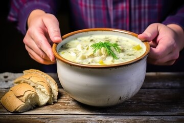 hand holding a bowl of clam chowder against a rustic background
