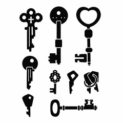 set of Silhouette of technological door key, symbol, vector illustration