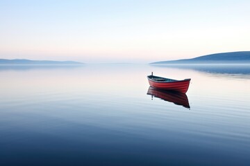 empty rowing boat against a backdrop of calm, tranquil water - obrazy, fototapety, plakaty