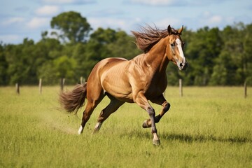 old horse galloping in lush pasture