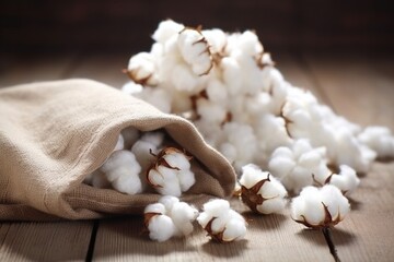 pile of organic raw cotton in a linen tote bag