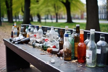 littered empty alcohol bottles on a park bench - obrazy, fototapety, plakaty