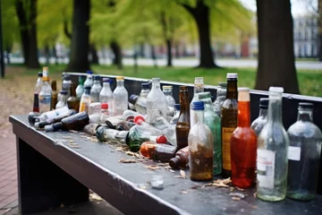 Zelfklevend Fotobehang littered empty alcohol bottles on a park bench © altitudevisual