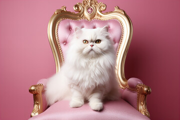 white persian cat sitting on a pastel pink and gold throne on a pink background, cats rule the world - obrazy, fototapety, plakaty