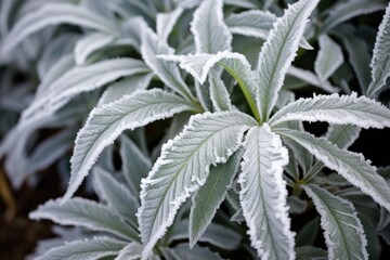 frosted leaves of an evergreen perennial in winter