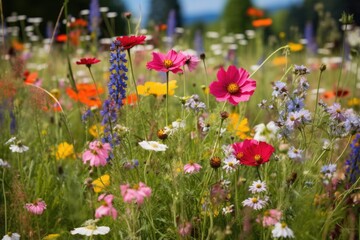wildflower meadow with varied colors and sizes of blooms - obrazy, fototapety, plakaty