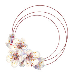 Watercolor round frame of blooming apricot branches and flowers